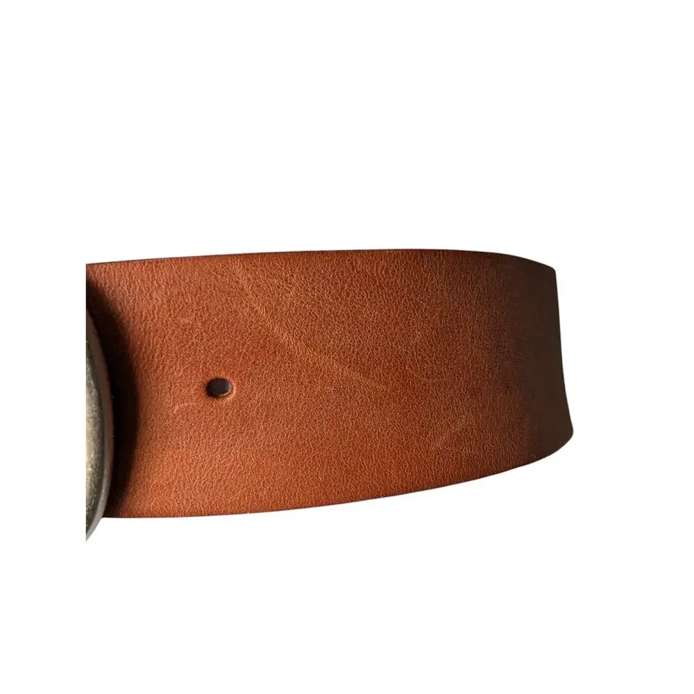 Fossil Tan Brown Leather Wide Waist Belt Size Small Modern Centerbar Whimsigoth